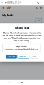 Images showcasing how a student can share a Qmax test with classmates via a mobile device.